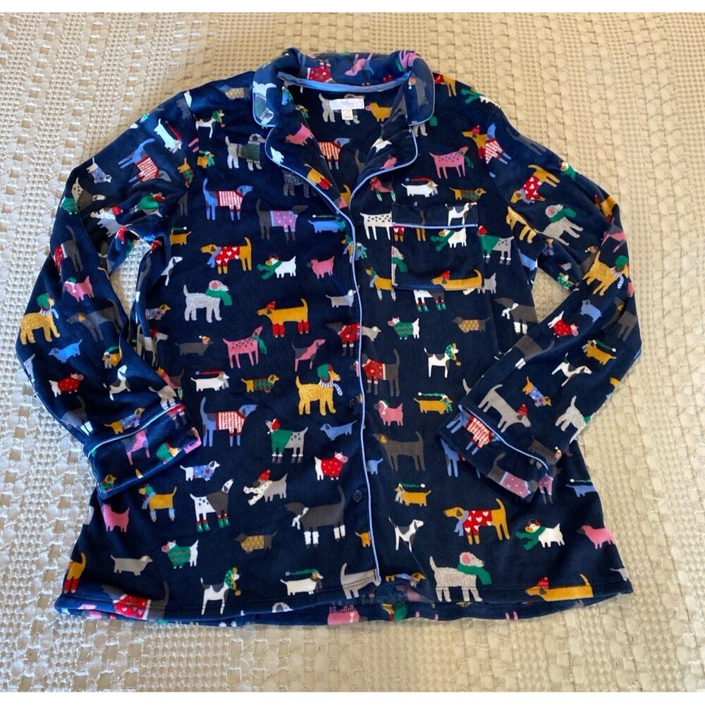 Pajama Secret Treasures “Mink”‎ Velour Dog Print Button Down Top Size Large Blue